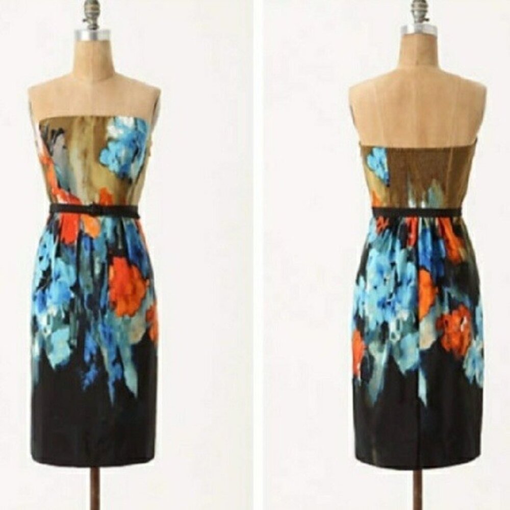 Anthropologie Moulinette Soeurs Black Blue Watercolor Floral Silk Dress Sz 2